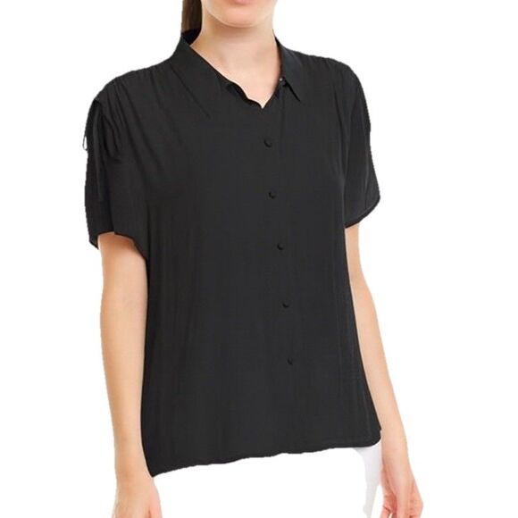 Vince Camuto Drawstring Ruched Sleeve Blouse XS Black Silky Satin - Picture 1 of 9